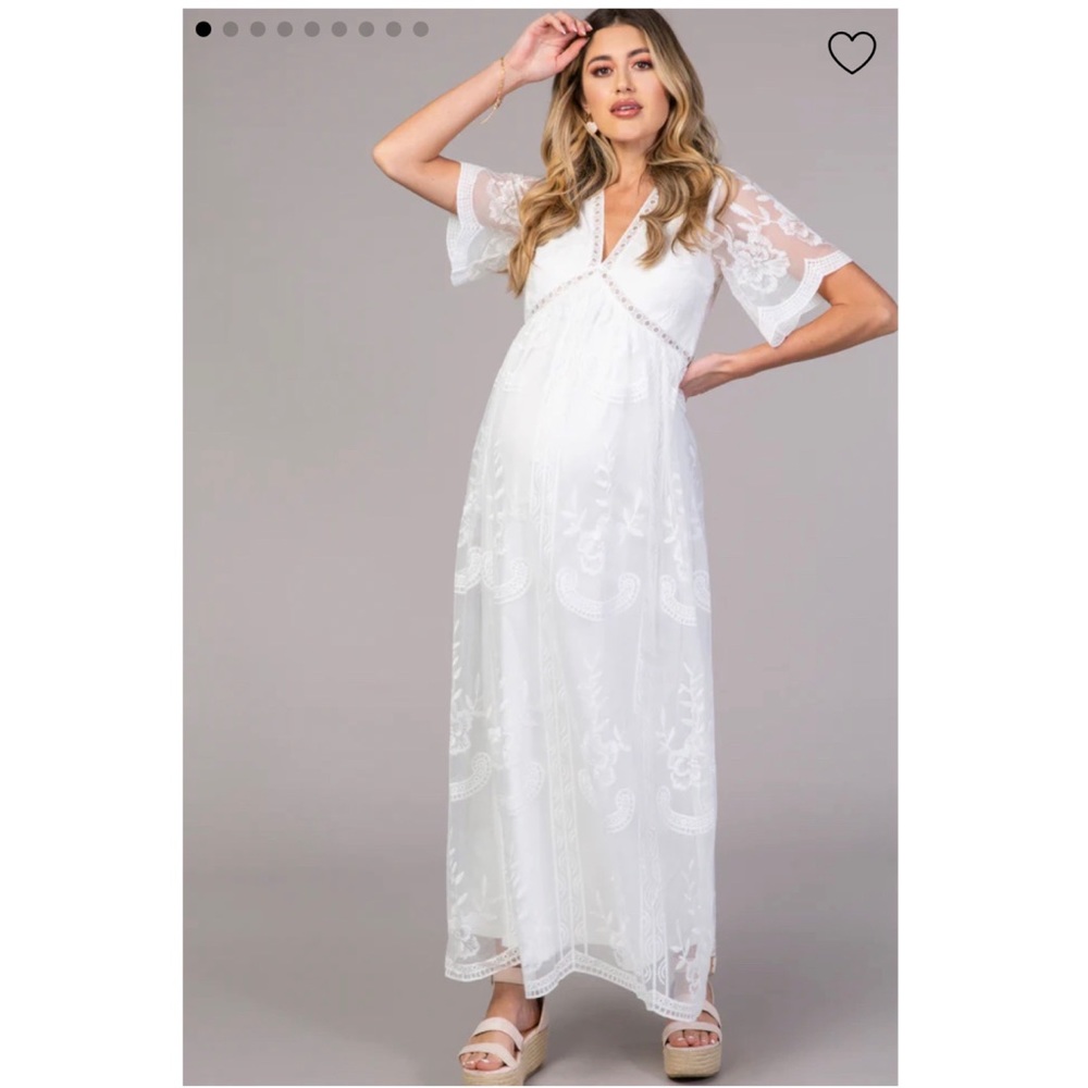 White Lace Mesh Overlay Maternity Maxi Dress